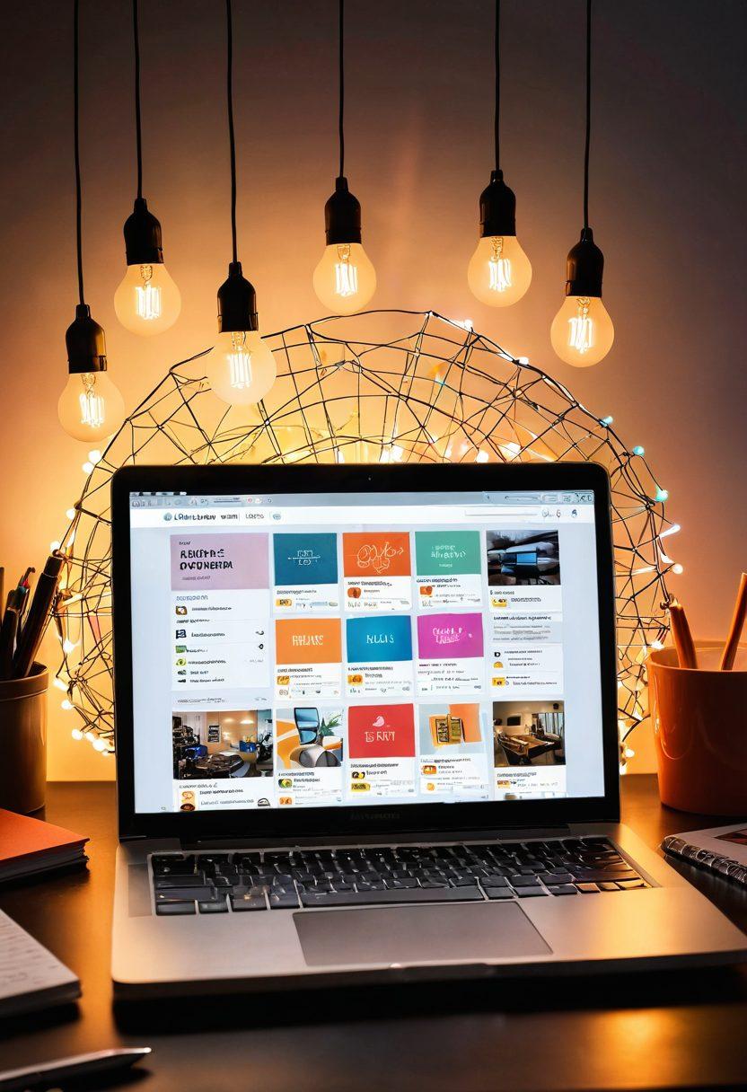 A visually captivating scene featuring an open laptop with a glowing screen displaying a colorful blog post, surrounded by e-commerce elements like shopping carts, product images, and social media icons. In the background, a notebook with handwritten notes and a light bulb symbolizing ideas. The overall atmosphere should inspire creativity and success in blogging, with a warm, inviting color palette. super-realistic. vibrant colors. white background.